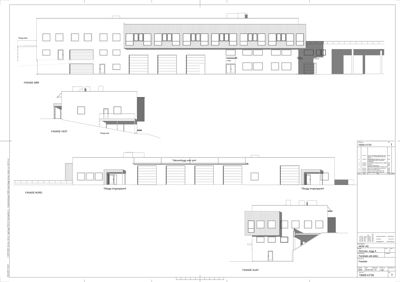 Fasadetegning som viser oppriss av bygningens fire sider (Nord, Sør, Vest, Aust) med vinduer, dører og takform.