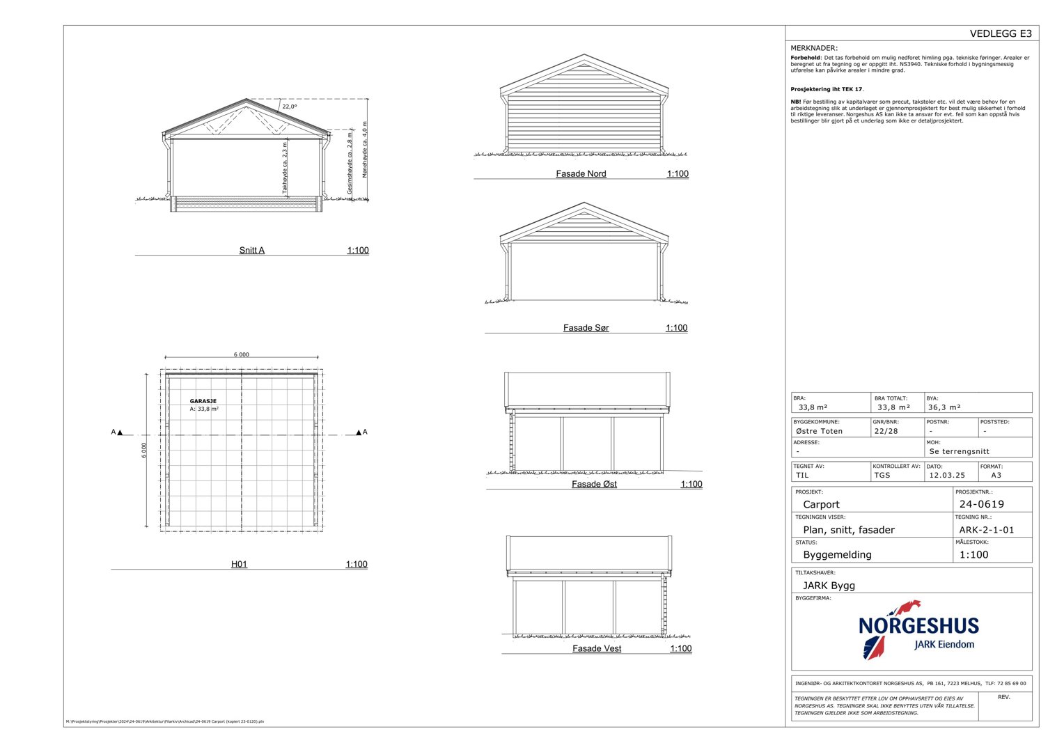 Fasadetegning med oppriss av bygning sett fra fire sider (Nord, Sør, Øst, Vest) og en planutsnitt.