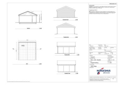 Fasadetegning med oppriss av bygning sett fra fire sider (Nord, Sør, Øst, Vest) og en planutsnitt.