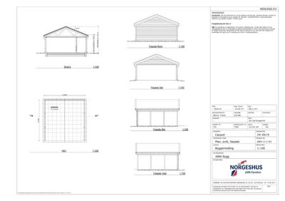 Fasadetegning med oppriss av bygning sett fra fire sider (Nord, Sør, Øst, Vest) og en planutsnitt.