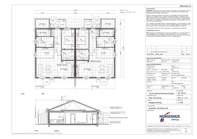 Snittegning (Snitt A) av en bolig med oppriss av takkonstruksjon, vinduer og dører.