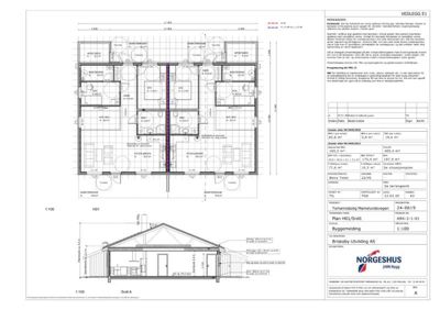 Snittegning (Snitt A) av en bolig med oppriss av takkonstruksjon, vinduer og dører.
