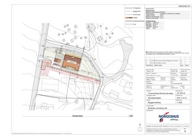 Situasjonsplan som viser tomtens grenser, bygningens plassering, beplantning og omgivelsers forhold.
