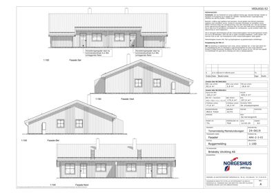 Fasadetegning som viser bygningens utseende fra fire sider (Sør, Vest, Øst, Nord) med mål og notasjoner.