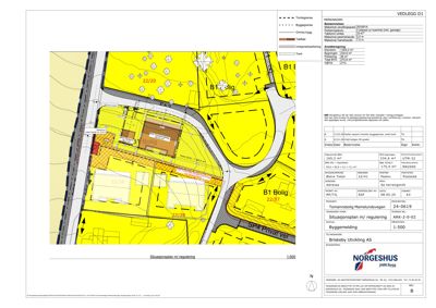 Situasjonsplan som viser tomtens grenser, bygningers plassering, veier og arealoppdelinger.