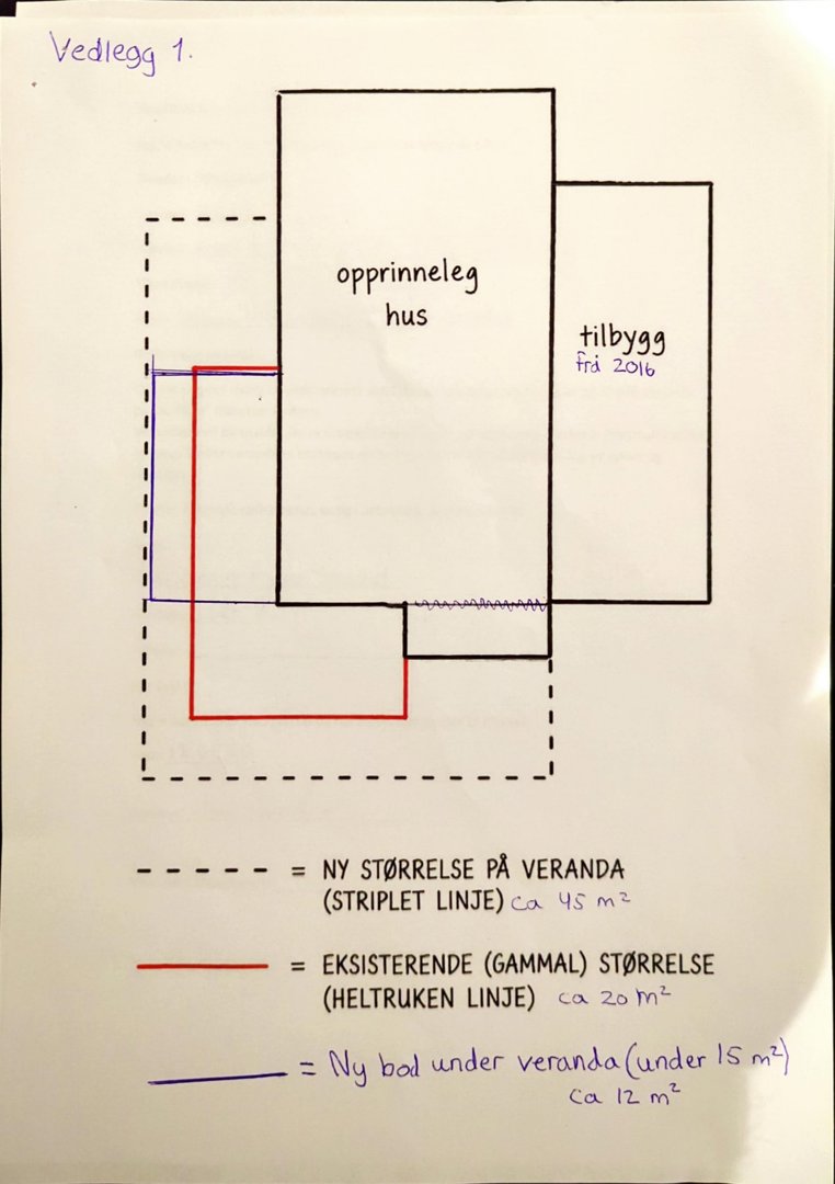 Håndtegnet oversiktsplan som viser forholdet mellom opprinnelig hus, tilbygg og en planlagt ny veranda med angitte arealer.