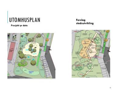 Bildet viser to situasjonsplaner (tomteplaner) for et utomhusprosjekt. Planene illustrerer plassering av bygninger, anlegg, vegetasjon og terrengform.