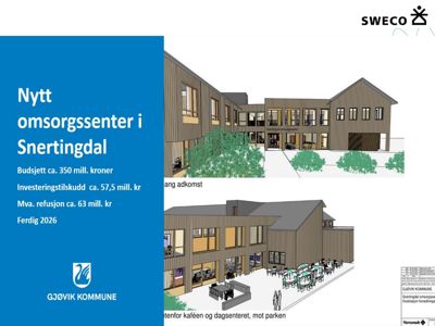 3D-visualisering (rendering) av et nytt omsorgssenter i Snertingdal, inkludert fasade og omgivelser.