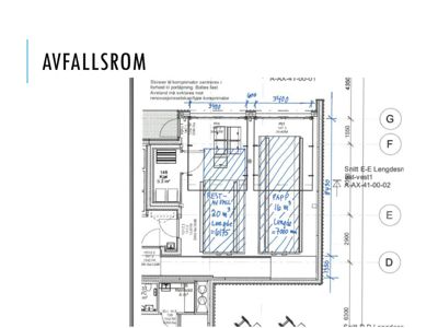 Etasjeplan (avfallsrom) med romfordeling, dimensjoner og håndskrevne notater om plassering av kompressorer.