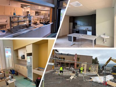 Et collage av fire bilder som viser ulike faser av et byggprosjekt: en kjøkkenområde under utforming, et ferdig innredet kjøkken, et rom under innreding, og et bygg under oppføring.