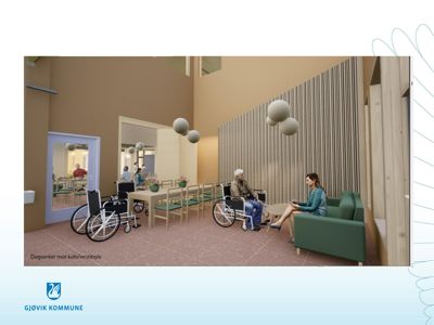 3D-visualisering av et dagsenter med kafé/vestibyle, inkludert møbler, innredning og personer.