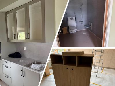 Fotografier av en boliginteriør under oppussing eller renovering, som viser kjøkkenkabinett, bad med dusjstol og et skap.