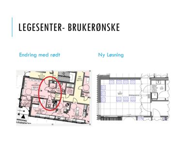 Bildet viser en presentasjonsside med to plantegninger. Den venstre tegningen er en eksisterende plan med markerte endringer (rødt), mens den høyre tegningen viser en ny løsning med romoppdeling og møblering.