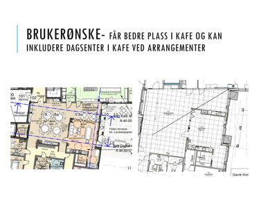 Bildet viser to etasjeplaner (floor plans) for en bygning, sannsynligvis en kafé eller et fellesområde. Planene viser romfordeling, vegger, dører, møblering (bord og stoler) og romnummerering.