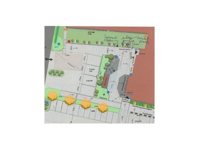 Situasjonsplan som viser tomtens oppdeling med parkeringsplasser (HC PP), beplantning, gangveier og grenser.