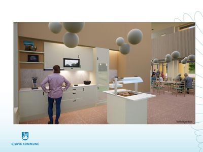 3D-visualisering (rendering) av en vaffelkjøkken i en bygning.