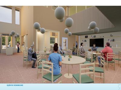 3D-visualisering av et interntrom (f.eks. spisestue eller fellesrom) med møbler, personer og innredning.