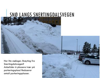 Fotografier av snø langs Snertingdalsvegen med tekst om brøyting og parkeringsplasser.