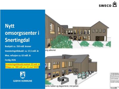 3D-visualisering (rendering) av et nytt omsorgssenter i Snertingdal, inkludert fasade, utendørsområder og møblering.