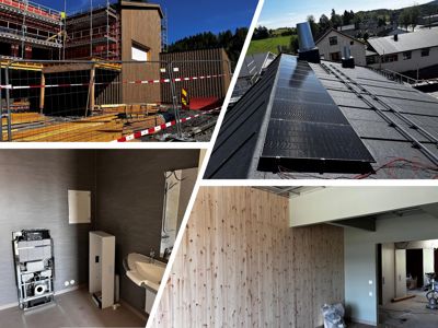 Et collage som viser fire ulike faser av et byggprosjekt: et bygg under oppføring med stålkonstruksjon, et tak med solcellepaneler, et bad i ferdigstillelse, og et rom med innvendig trepaneling.