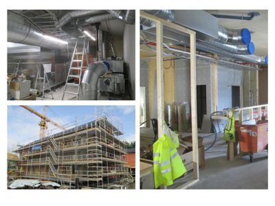 En collage som viser tre bilder: to bilder av et teknisk rom under bygging med ventilasjonsrør og utstyr, samt et bilde av en byggeplass med et fleretasjes hus i oppføring.