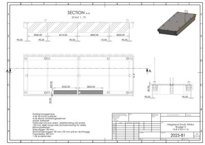 Snittegning (SECTION A-A) av en dobbel bryggene med detaljerte mål og konstruksjonsbeskrivelser.