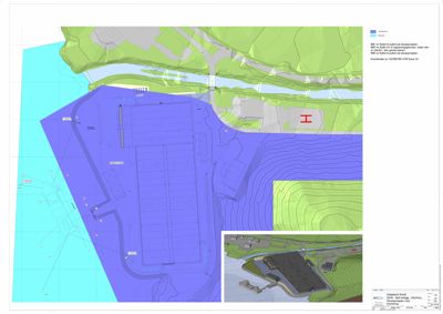 Situasjonsplan som viser bygningens plassering i forhold til omgivelsene, inkludert topografi (konturlinjer), vannløp og arealbruk.