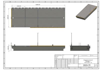 Tegning som viser detaljert oppriss av en betongplate med dimensjoner og armeringsdetaljer.