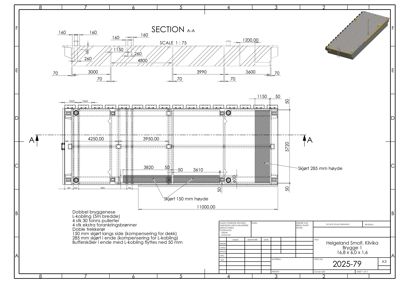 Snittegning (SECTION A-A) av en bygning eller konstruksjon, som viser detaljer om skjørt, høyder og innvendig oppbygging.