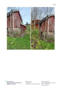 To foton av en rød, gammel bygning (muligens et uthus eller garasje) sett fra utsiden, med vegetasjon i forgrunnen.