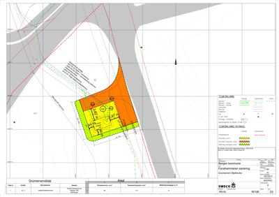 Situasjonsplan som viser tomtens form, grenser, eksisterende og planlagt bebyggelse, samt grunnvernsliste og tekniske detaljer for sanering.