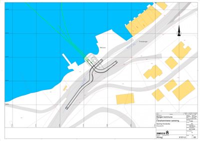 Situasjonsplan som viser tomt, veier (Krokodillevegen, Strandvegen), vann og bygninger i området ved Fana hammeren.