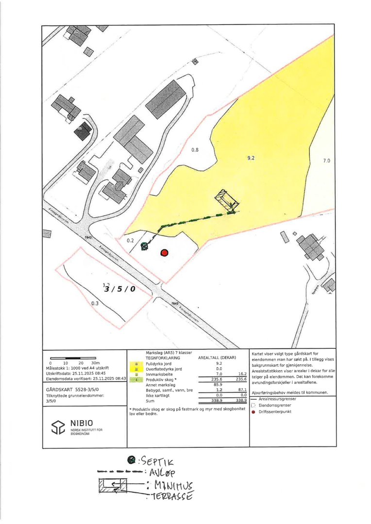 Situasjonsplan eller gårdskart som viser eiendomsgrenser, bebyggelse, arealbruk og infrastruktur.