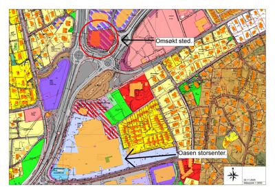 Situasjonsplan som viser tomtens plassering i forhold til veier, nabotomter og eksisterende bygg (Oasen storsenter).