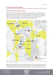 Kart som viser plassering av dagligvarebutikker i området og foreslått ny plassering i Norevegen 2, samt boligområder innenfor radier på 500 m og 1000 m.