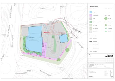 Situasjonsplan som viser tomtens grenser, bygningers plassering, veier og omgivelsene.