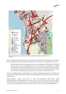 Et kart som viser en bydel med overlagte data om sykkelveier, bygningsbruk og destinasjonsvekt. Bildet er en visualisering fra en rapport.