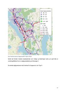 Kart som viser estimerte besøk per dagligvarebutikk og ÅDT-trafikk (Årlig Daglig Trafikk) i et byområde, sannsynligvis Haugesund basert på teksten.