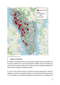 Et kart som viser en geografisk område med markerte punkter (dagligvarebutikker) og et modellområde.