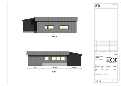 Fasadetegning som viser bygningens utseende sett fra nord og sør, inkludert takform, vinduer og fasadematerialer.