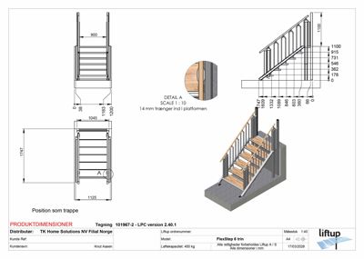 Tegning med produktdimensjoner og detaljerte mål for en trapp (FlexStep 6 trin), inkludert snitt, perspektiv og detalj A.