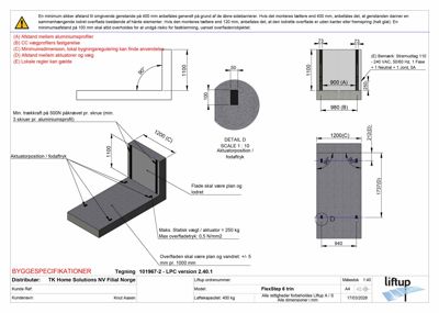 Detaljtegning som viser monteringsanvisning, dimensjoner og krav for en Liftup FlexStep 6 trinn-løft.