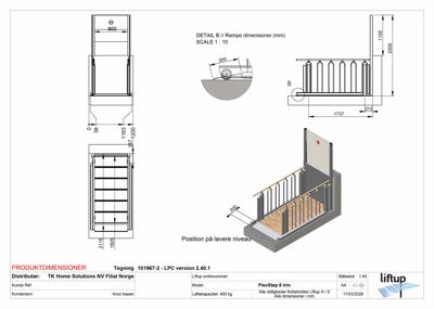Tegning som viser produktspesifikasjoner og dimensjoner for en heis (Liftup FlexStep 6 trin), inkludert detaljerte mål på rampe, trinn og sikkerhetsrailing.