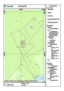 Situasjonsplan (kartutsnitt) som viser eiendomsgrenser, naboeiendommer, bygninger og detaljeringskrav for et område i Arendal.