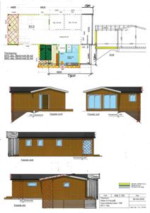 Bildet viser en tegning med etasjeplan øverst og fire fasadetegninger (nord, syd, vest, est) for en hytte.