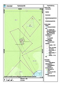 Situasjonsplan (kartutsnitt) som viser eiendomsgrenser, naboeiendommer, bygninger og detaljeringskrav for et område i Arendal.