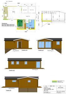 Bildet viser en samling tegninger for en bygning, inkludert en plantegning øverst, snittegning til høyre, og fire fasadetegninger (nord, syd, vest, est) nederst.