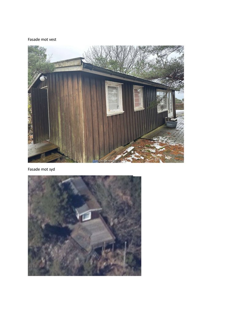 Bildet inneholder to fotografier av en bygning: øverst en fasade mot vest og nederst en situasjonsfoto (fra luften) av bygningen sett mot syd.