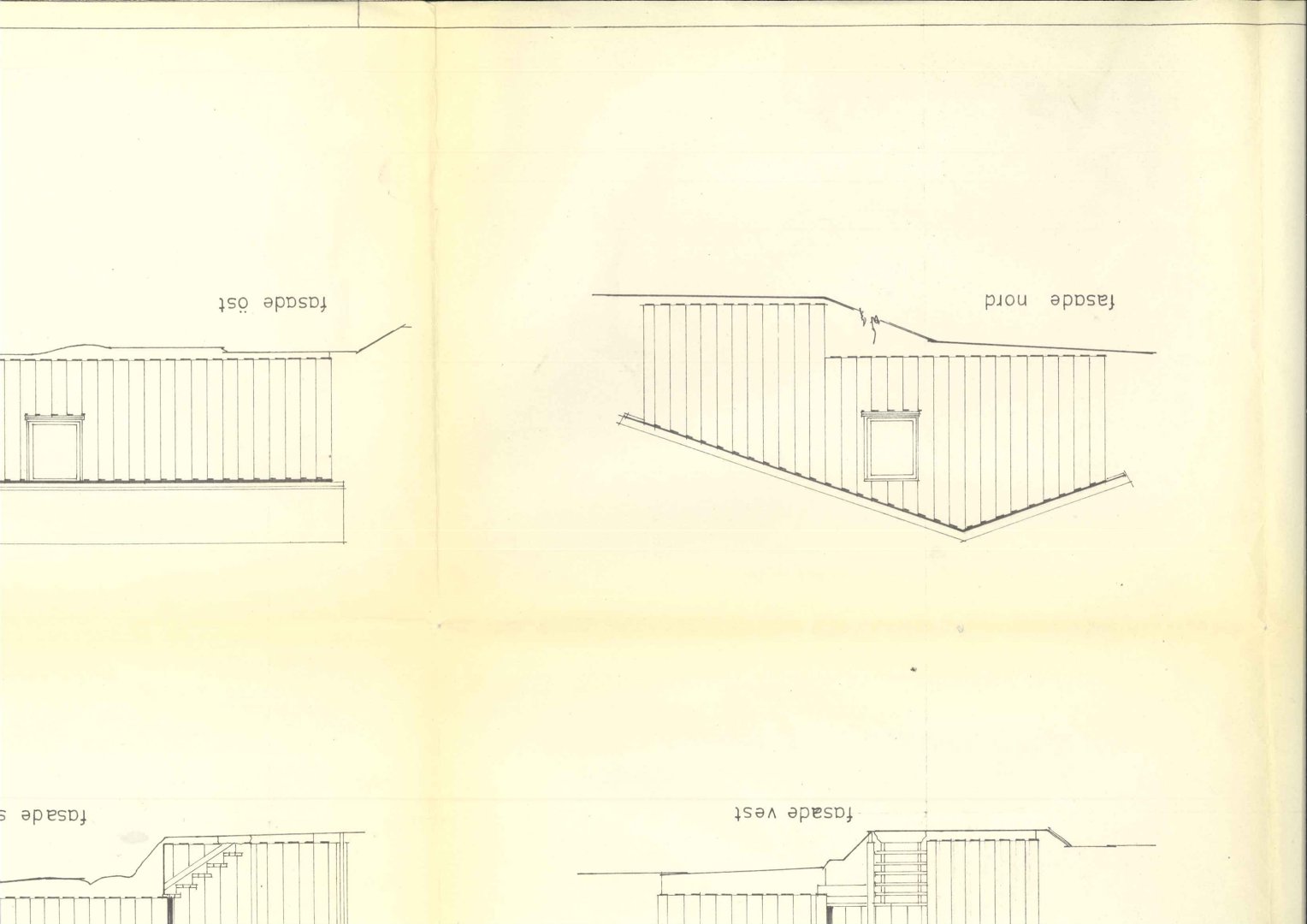 Bildet viser en tegning med oppriss av bygningens fasader (vest, øst, nord, sør).