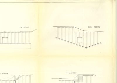 Bildet viser en tegning med oppriss av bygningens fasader (vest, øst, nord, sør).